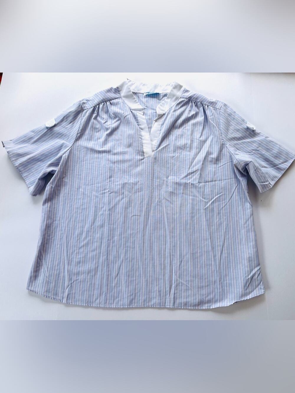 Vintage Plus Size 3X Pastel Striped Band Collar Casual Shirt Lavender Pleats